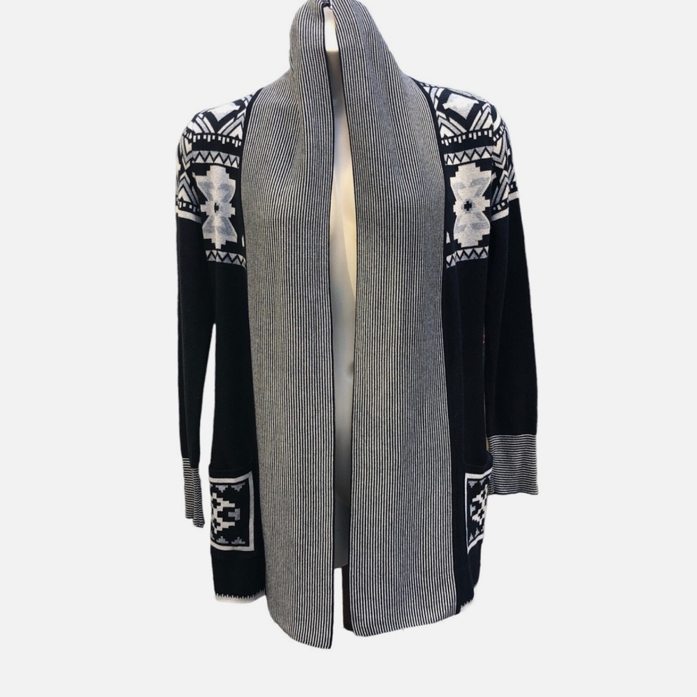 NWT Yet Again Womens Black Gray Open Front Tight Knit Abstract Cardigan  L